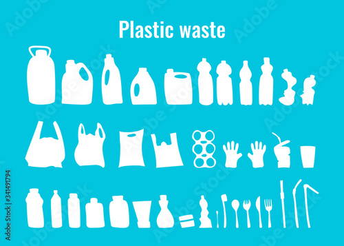 Plastic containers and single use dishes set vector illustration. Plastic waste problem symbol collection. Used plastic package, dishes and containers outline icons for earth day pollution concept