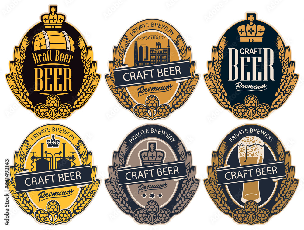 Set of six vector labels for craft beer of a private brewery in the form of a coat of arms in retro style. Label templates with wheat or barley ears, hops and crown in an oval frame
