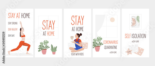 Coronavirus. Stay at home. Collection of wallpaper for social media stories, cards, flyers, posters, banners and other promotion. Stay home on quarantine time during the Coronavirus epidemic.