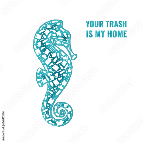 Plastic waste ocean environment problem concept vector illustration. Seahorse ocean fish outline filled with plastic waste flat icons. Sustainable lifestyle, underwater wildlife danger concept.