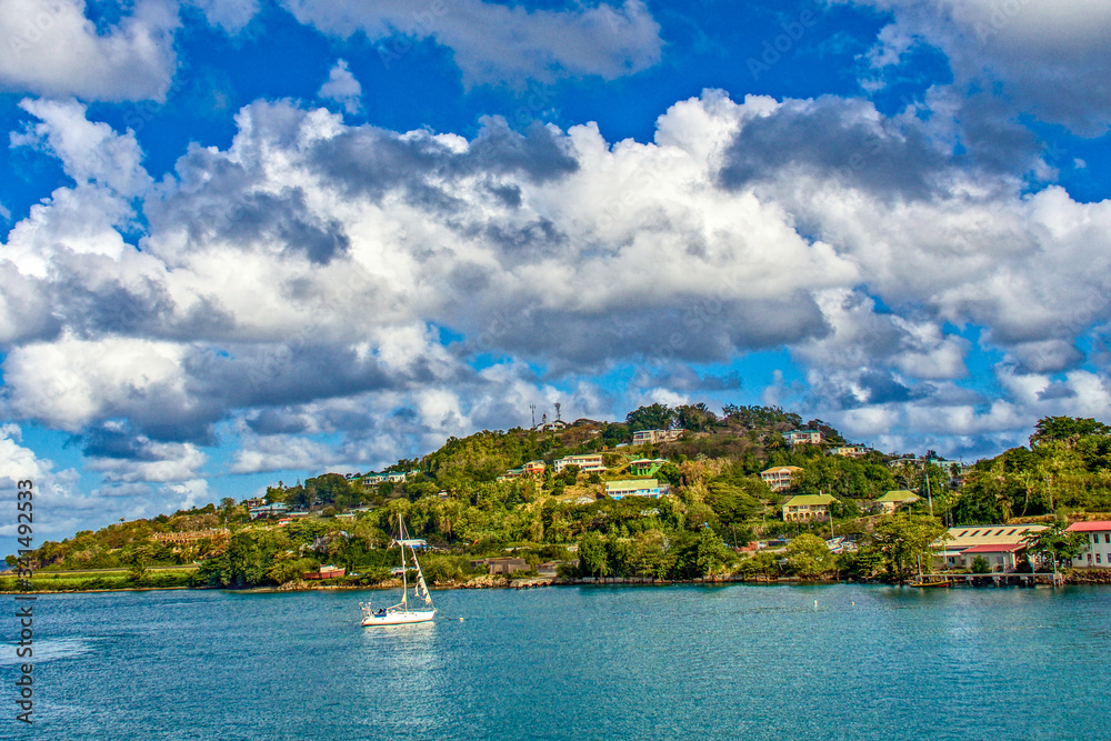 Coastline view with villas and resorts on the hill, Castries, Saint Lucia