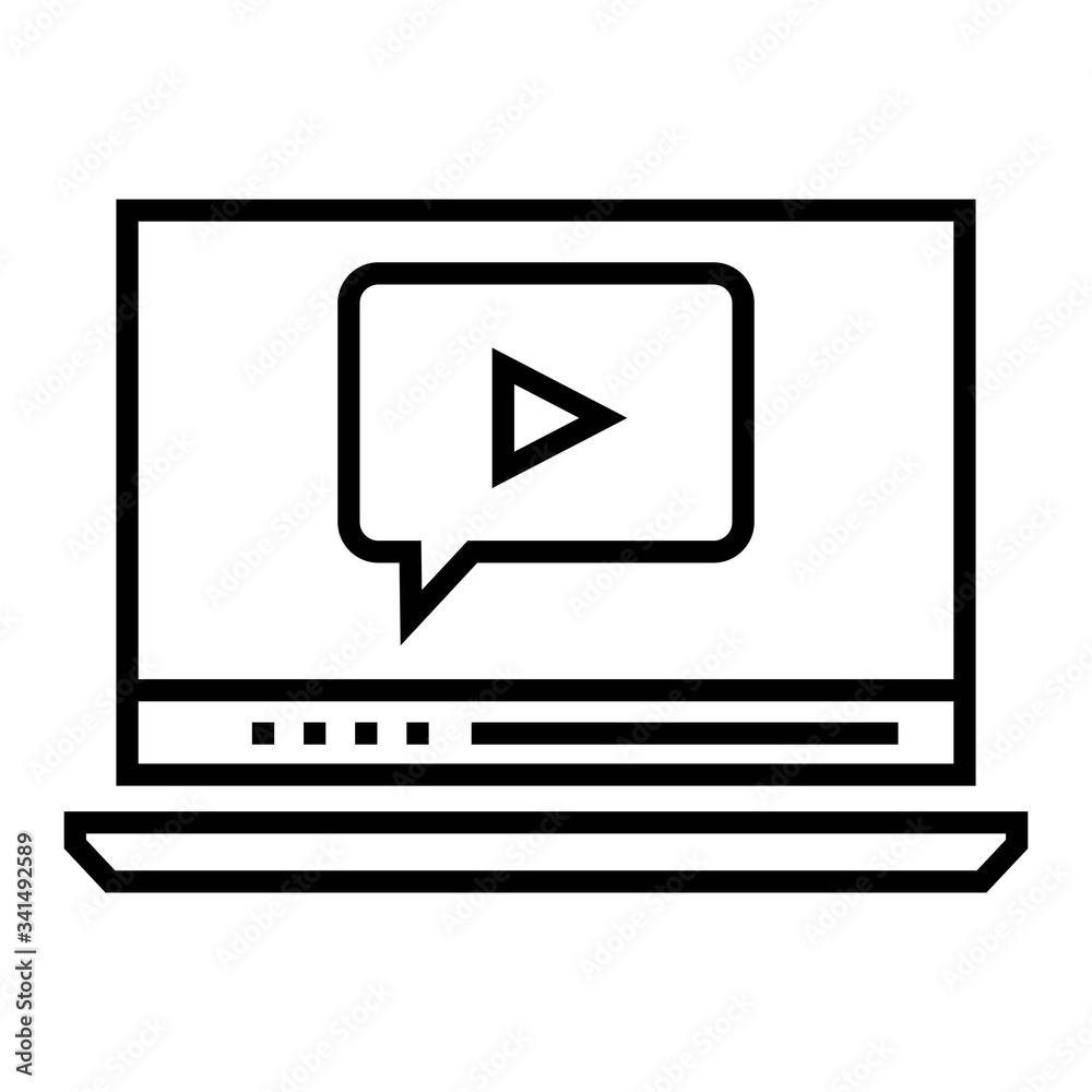 Laptop with media player icon. Video start button. Line design.