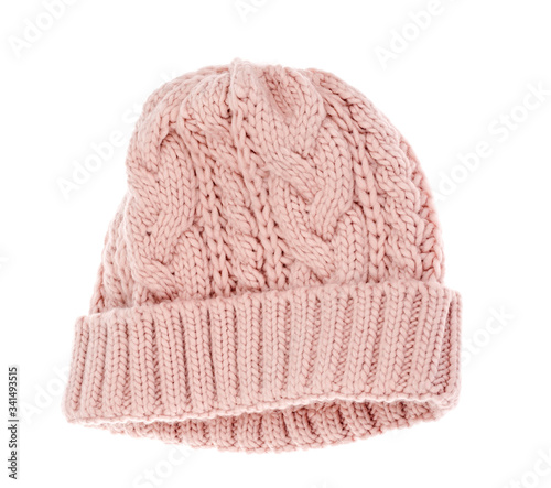 Knitted warm colored hat for winter, isolated on white background