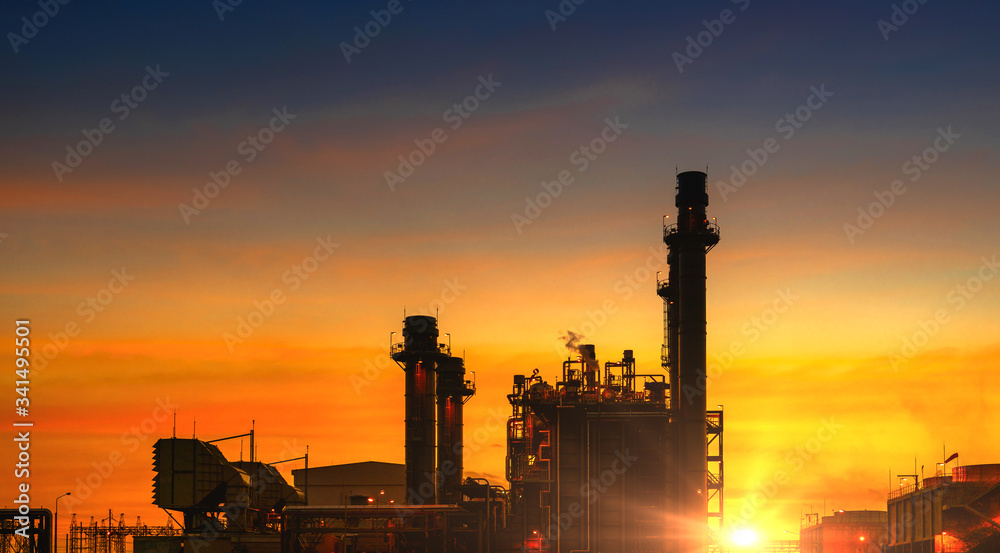 Sunlight Petrochemical industrial plant power station at sunset and Twilight sky view,Amata City Industrial Thailand