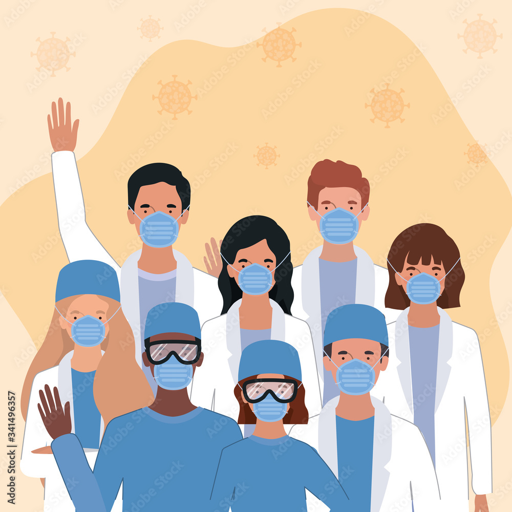 Men and women doctors with masks against 2019 ncov virus vector design Men and women doctors with masks against 2019 ncov virus vector design