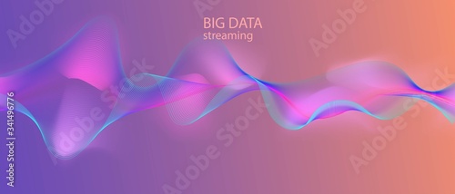 Big Data Stream Neon Tech Background. Pink Blue Purple Matrix Computing Banner. 