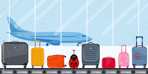 Airport terminal. Conveyor belt with passenger luggage and airplane. Airport baggage belt, luggage for travel, suitcases. Baggage claim at terminal airport. Vector illustration, travel concept