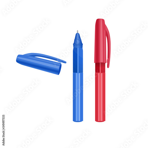 Set of ballpoint pens in realistic style isolated on white background, red and blue pens, vector illustration