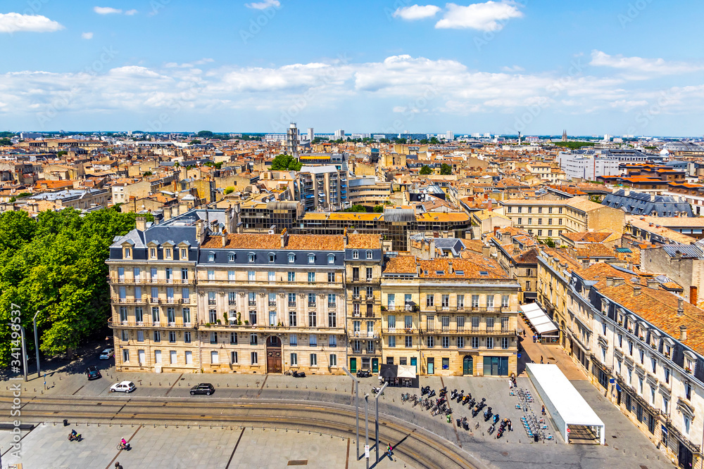 Skyline aerial view of Bordeaux old town, Nouvelle-Aquitaine region, France. View from Bordeaux Cathedral (Cathedrale Saint-Andre). Historic part of the city is on the UNESCO World Heritage List