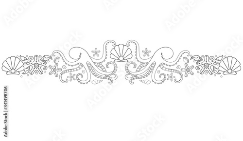 Marine vector linear divider with octopuses, starfish, shells and pearls. Symmetrical horizontal border for coloring on the ocean, underwater theme with sea animals and shells.