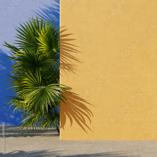 Yellow and blue painted walls with green tropical leaves, sunlight with shadows. Summer, spring background. 3d rendering.