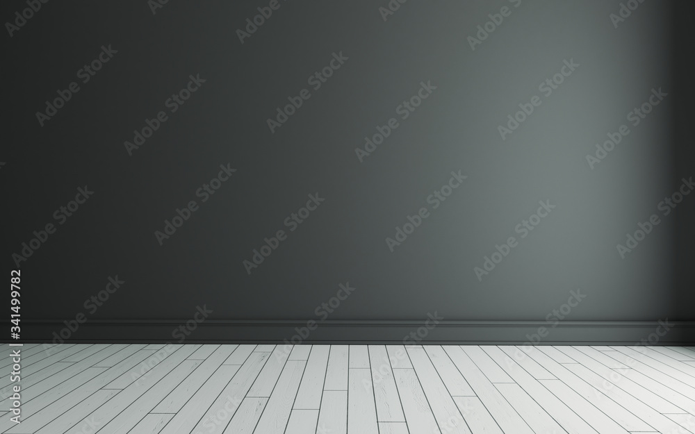 Empty room with painted black wall and white wooden floor realistic 3D rendering Empty room with painted black wall and white wooden floor realistic 3D rendering