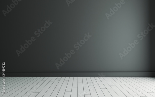 Empty room with painted black wall and white wooden floor realistic 3D rendering © creo2