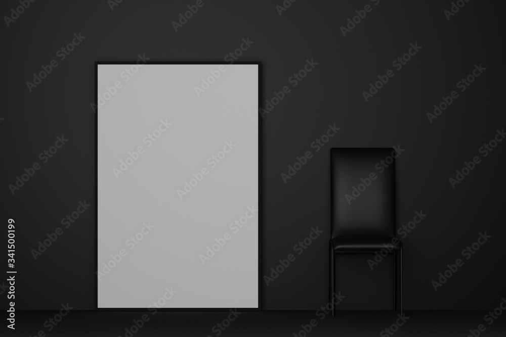 Dark room with black chair sofa and blank frame. 3D rendering. Dark room with black chair sofa and blank frame. 3D rendering.