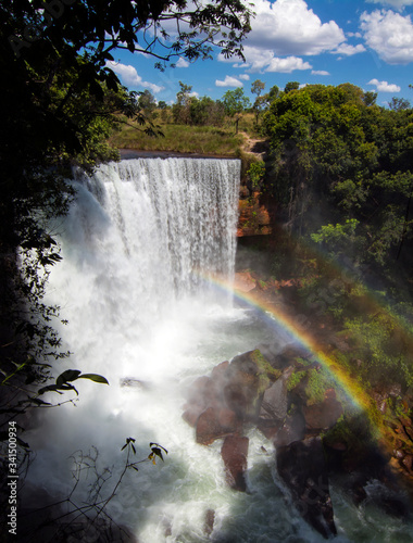 The Smoke waterfall (Cachoeira da fumaca), with a rare double rainbow, in Jalapao, Brazil. photo