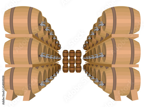 The oak barrels of wine in the cellar are arranged in order. Winery