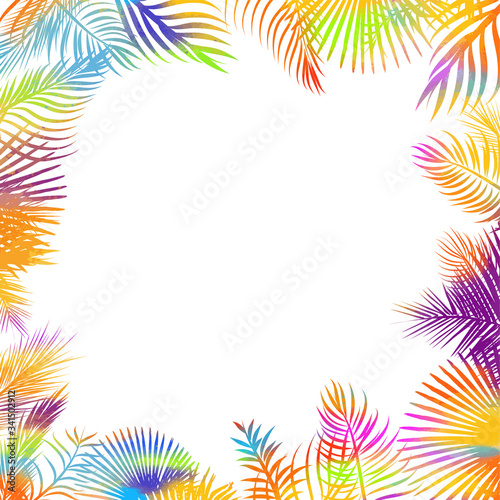 Multicolored frame with palm leaves. Hello summer. Mixed media. Vector illustration