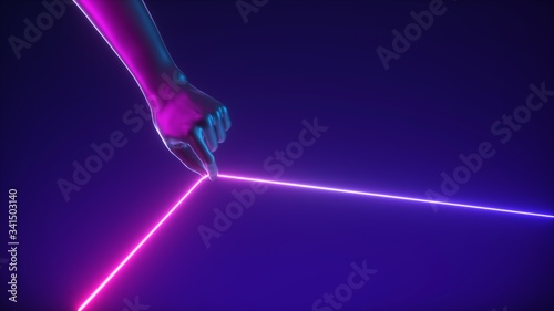 3d render, abstract minimal futuristic concept, artificial hand pulls violet neon glowing line. Mannequin body part isolated on dark ultraviolet background