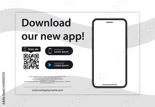 Download page of the mobile app. Empty screen smartphone for you apps. Download our new app ,Mobile App. Load buttons. Download our App, background. Banner Page of the mobile application