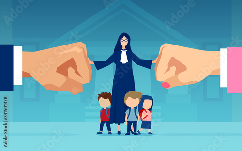 Vector of children and a judge caught between divorcing parents who are fighting over custody