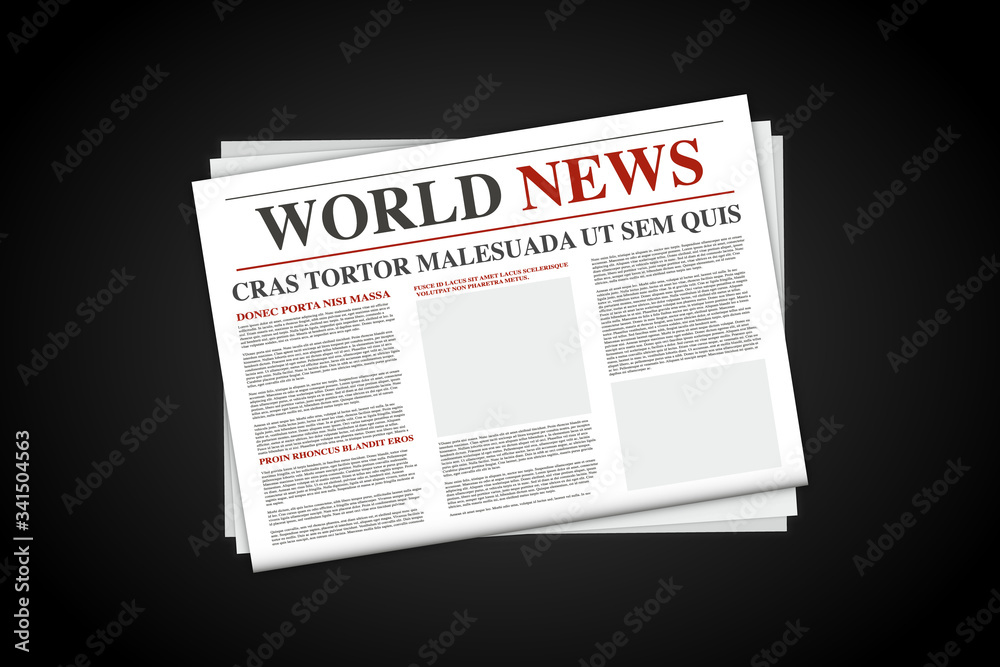 Naklejka premium Mock up of a blank daily newspaper. Realistic Vector mock up of black and white newspaper. Newspaper with location for copy space. Newspaper template with world news economy business headlines