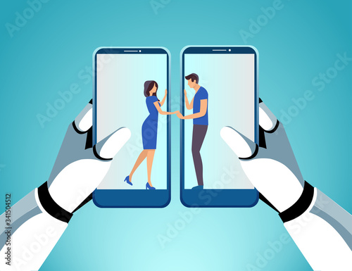 Vector of a robot hands holding two smartphones connecting young couple via socila media platform photo