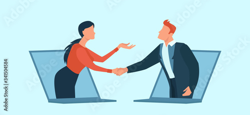 Vector of a businessman and business woman communicating online having agreement and shaking hands.