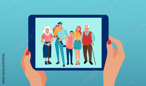 Vector of a woman holding tablet computer having video chat with happy smiling family