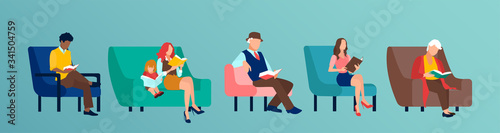 Vector of a group of people reading books sitting on chair or sofa