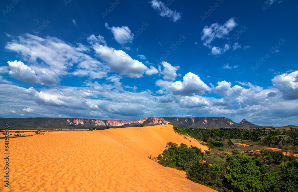 Jalapao sand dunes and the Espirito Santo mountain range in the horizon (Dunas do Jalapao e serra do espirito santo ao fundo).