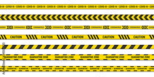 Set of danger or warning caution seamless tapes. Quarantine caution tape. Coronavirus danger stripe. Covid-19 danger, attention tape. Novel coronavirus outbreak, global lockdown, Biohazard