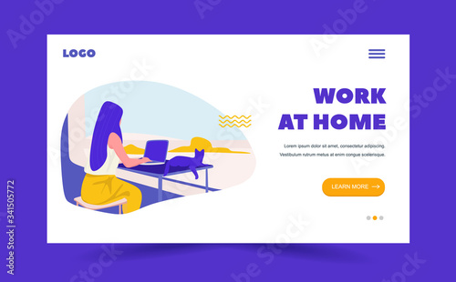 A girl sitting on the chair works on the laptop. next to the window. Vector flat illustration. Landing page template, cartoon style.