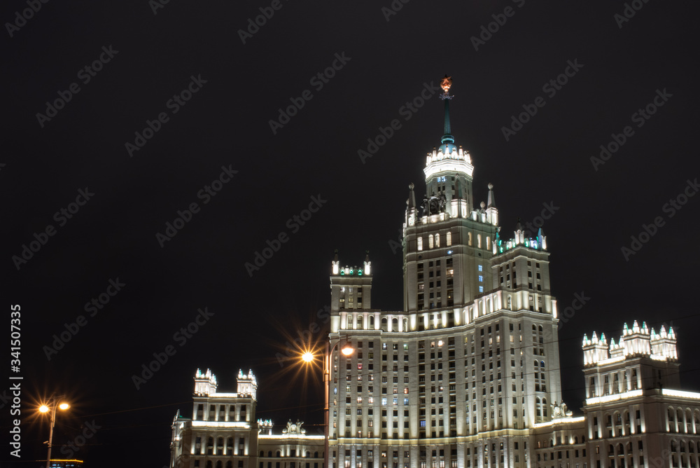 Night view of the skyscraper on Kotelnicheskaya Embankment, Russia, Moscow
