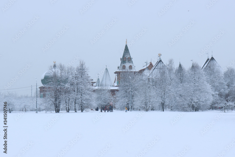 Palace of Tsar Alexei Mikhailovich in the Kolomenskoye estate after a snowfall, Russia, Moscow