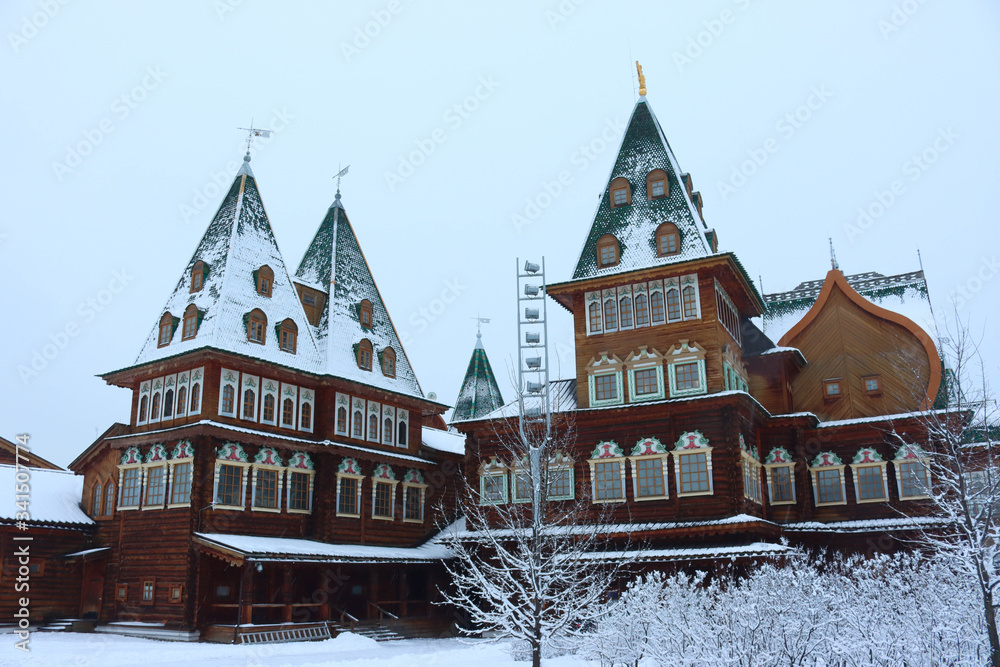 Palace of Tsar Alexei Mikhailovich in the Kolomenskoye estate after a snowfall, Russia, Moscow
