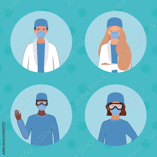 Men and women doctors with masks against 2019 ncov virus vector design