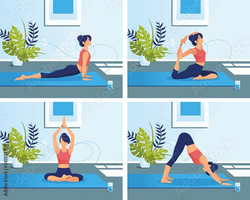 Set of slim sportive young  woman practicing yoga & fitness exercises indoor. Healthy lifestyle. Collection of female cartoon character demonstrating various yoga pose at home or in class. Vector