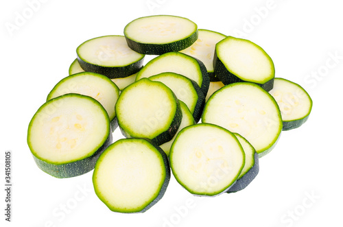 Zucchini chopped slices on white background as package design element