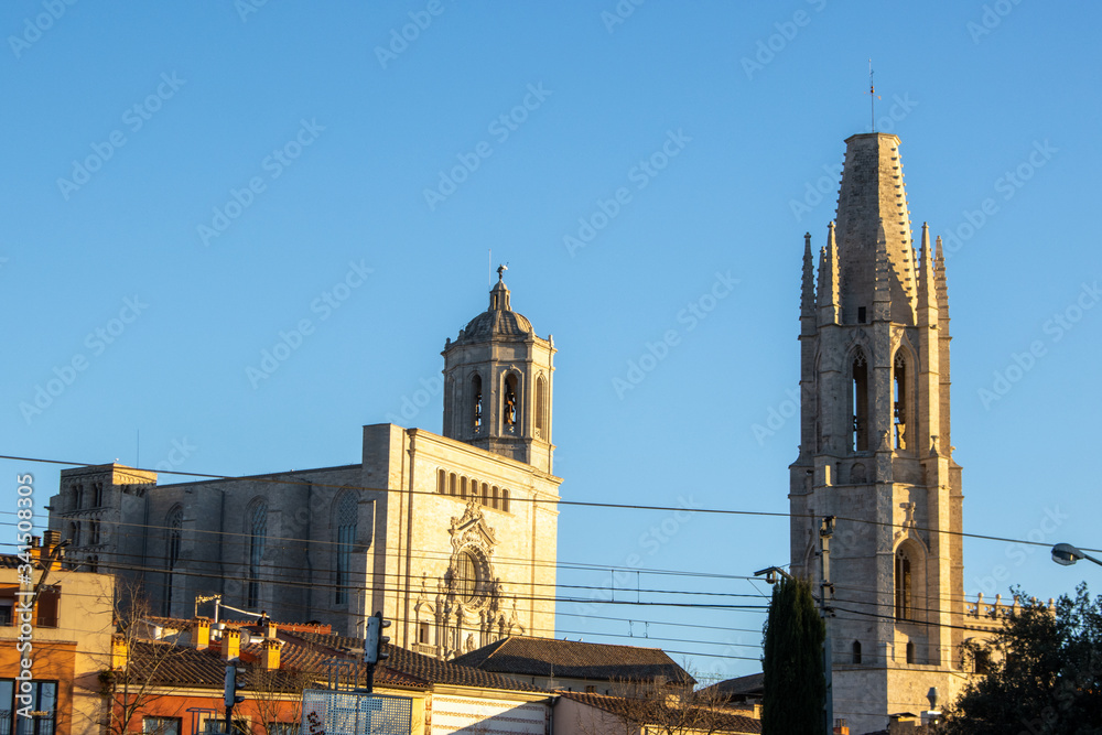 Church of St. Felix and the Cathedral of Girona at sunset, Spain, Catalonia