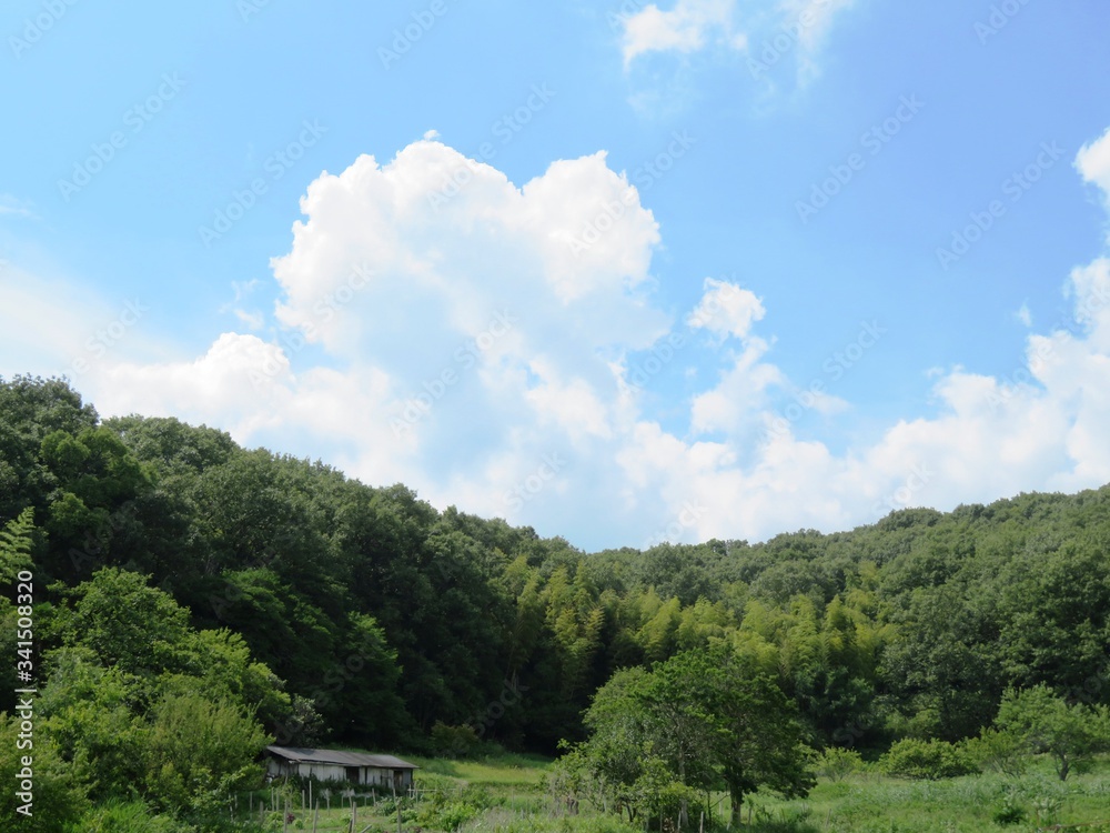 日本の田舎の風景　7月　山と青空