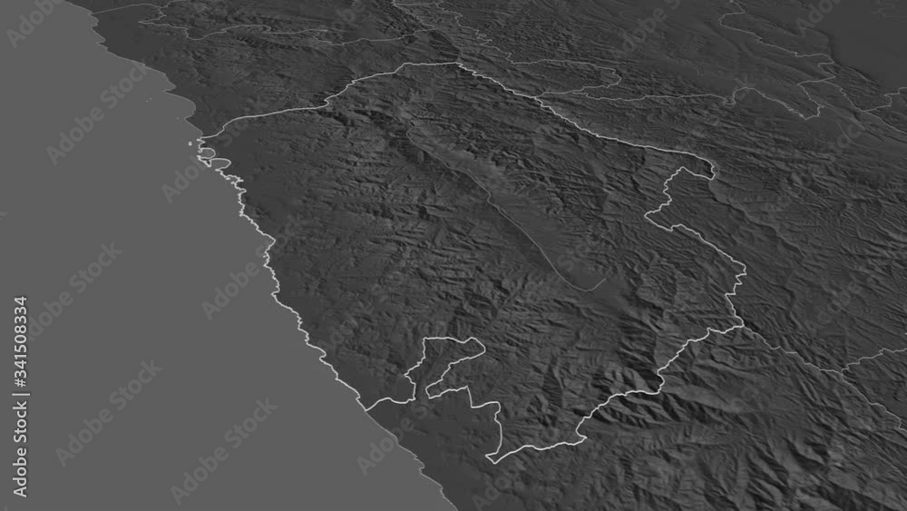 Ancash, region with its capital, zoomed and extruded on the bilevel map of Peru in the conformal Stereographic projection. Animation 3D Ancash, region with its capital, zoomed and extruded on the bilevel map of Peru in the conformal Stereographic projection. Animation 3D