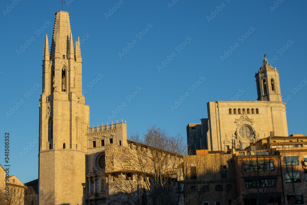 Church of St. Felix and the Cathedral of Girona at sunset, Spain, Catalonia