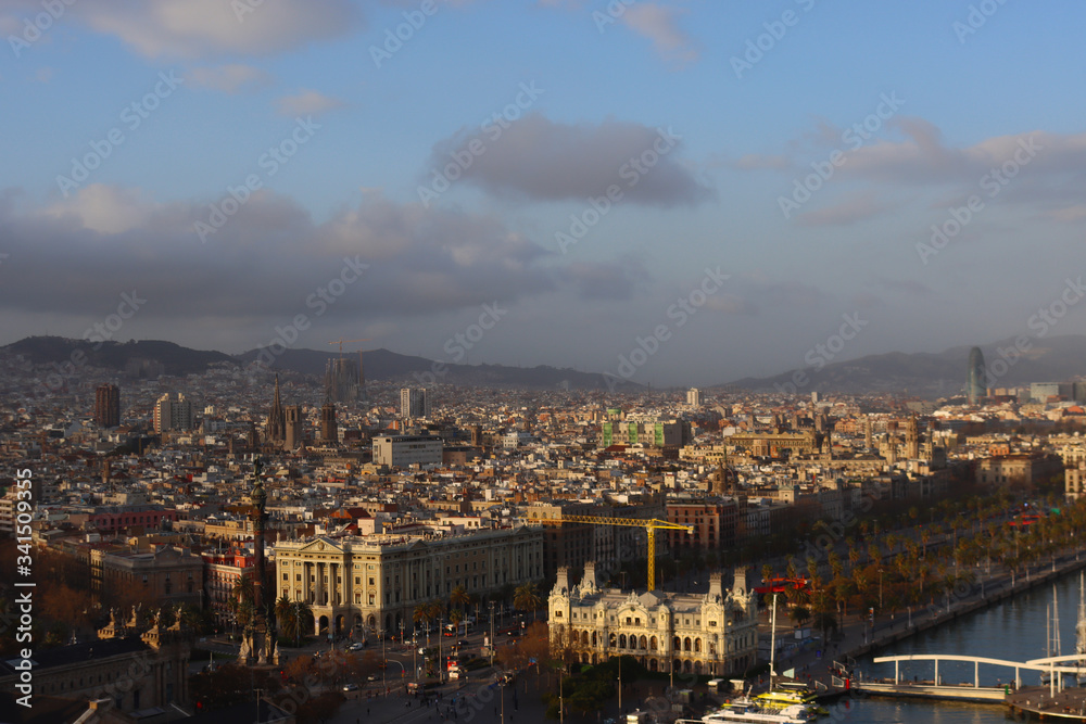 View of the evening Barcelona from the cable car, Catalonia, Spain, aerial view