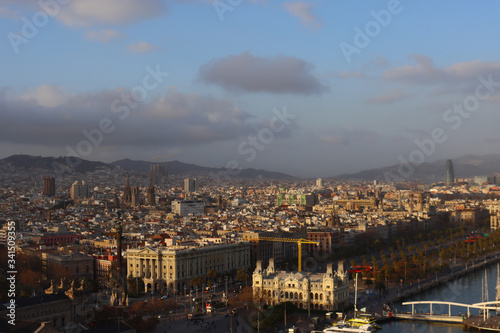 View of the evening Barcelona from the cable car, Catalonia, Spain, aerial view