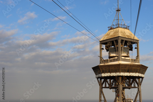 Barcelona cable car tower in the evening sun, Catalonia, Spain, aerial view