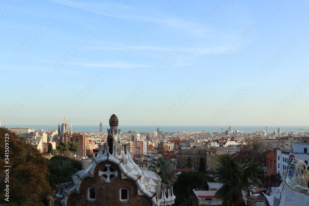View of Barcelona and Gingerbread House from the Park Guell, Barcelona, Spain