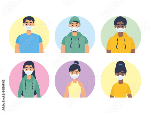 interracial young people using face masks characters