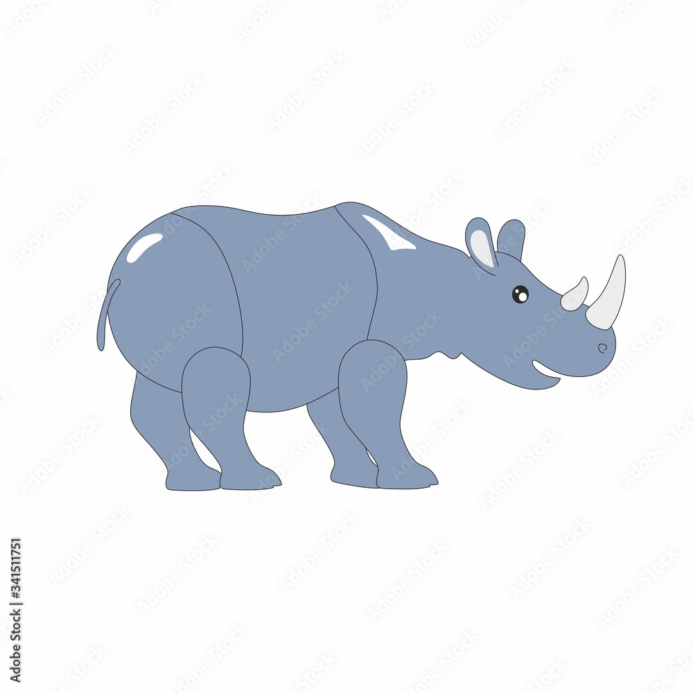Children's cartoon illustration with the image of a rhinoceros. Rhinoceros on a white background, drawing for children. Design of children's books, clothing, postcards, logos, alphabet with animals