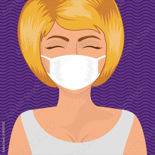 Pop art woman with mask over striped background vector design