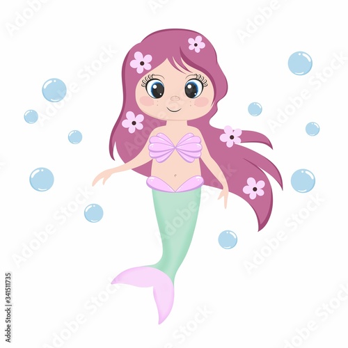 Beautiful mermaid with big eyes on a white background. Children's illustration of a beautiful girl with long hair. Children's book, photo album, children's clothing, holiday, clothing, stationery